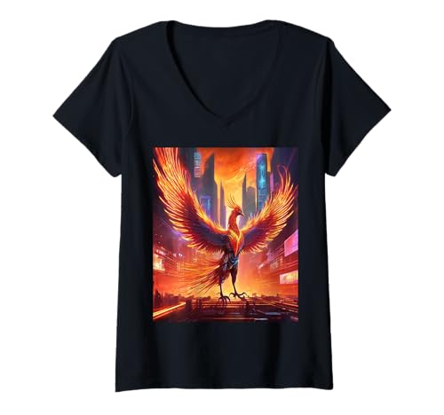 Damen Feuriger Phoenix Rebirth: Rising from the Ashes' T-Shirt mit V-Ausschnitt