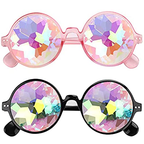 2 Stück Kaleidoskop Regenbogen Sonnenbrille, Brille Mit Steampunk Kaleidoskop, Rave-Brille Prisma, Geeignet für Musikpartys, Weihnachtsfeiern(schwarz, pink)