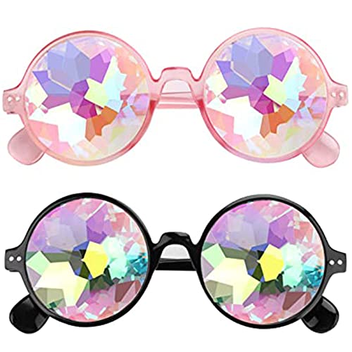 dcas 2 Stück 4D Kaleidoskop Brille Regenbogen, Kaleidoskop Brille Prisma, Brille Mit Steampunk Kaleidoskop, Regenbogen Festivals Rave Brille, Kaleidoskop Partybrille Für Festivals (Schwarz, Pink)