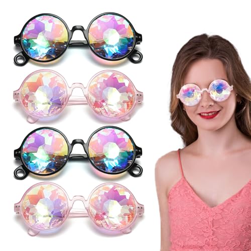 FUIPVGI 4 Stück Diffractions Party Brille mit 3D Prisma Bunt Effekt, Mode Retro Rave Party Dress up Brille, Rave Brille für Nacht Show Karneval Party Herren Damen (Schwarz, Rosa)