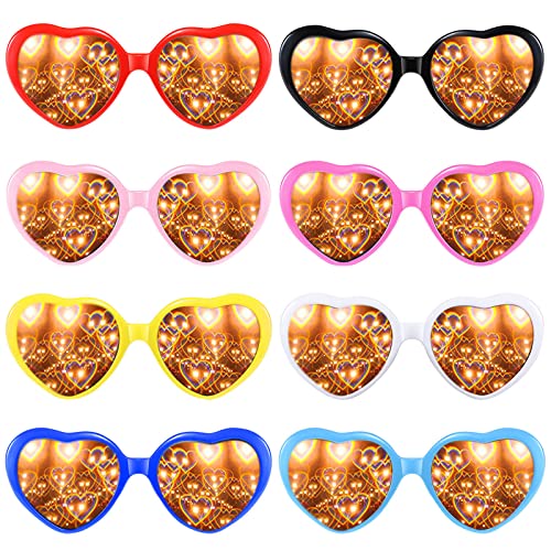 Vegena 8 Stück Herz Effekt Brille, 3D Pfirsichherz Brille Beugungs Brille Retro Partybrille für Kostümfest Fasching Musik im Freien Party Bar Feuerwerk (Farbe)